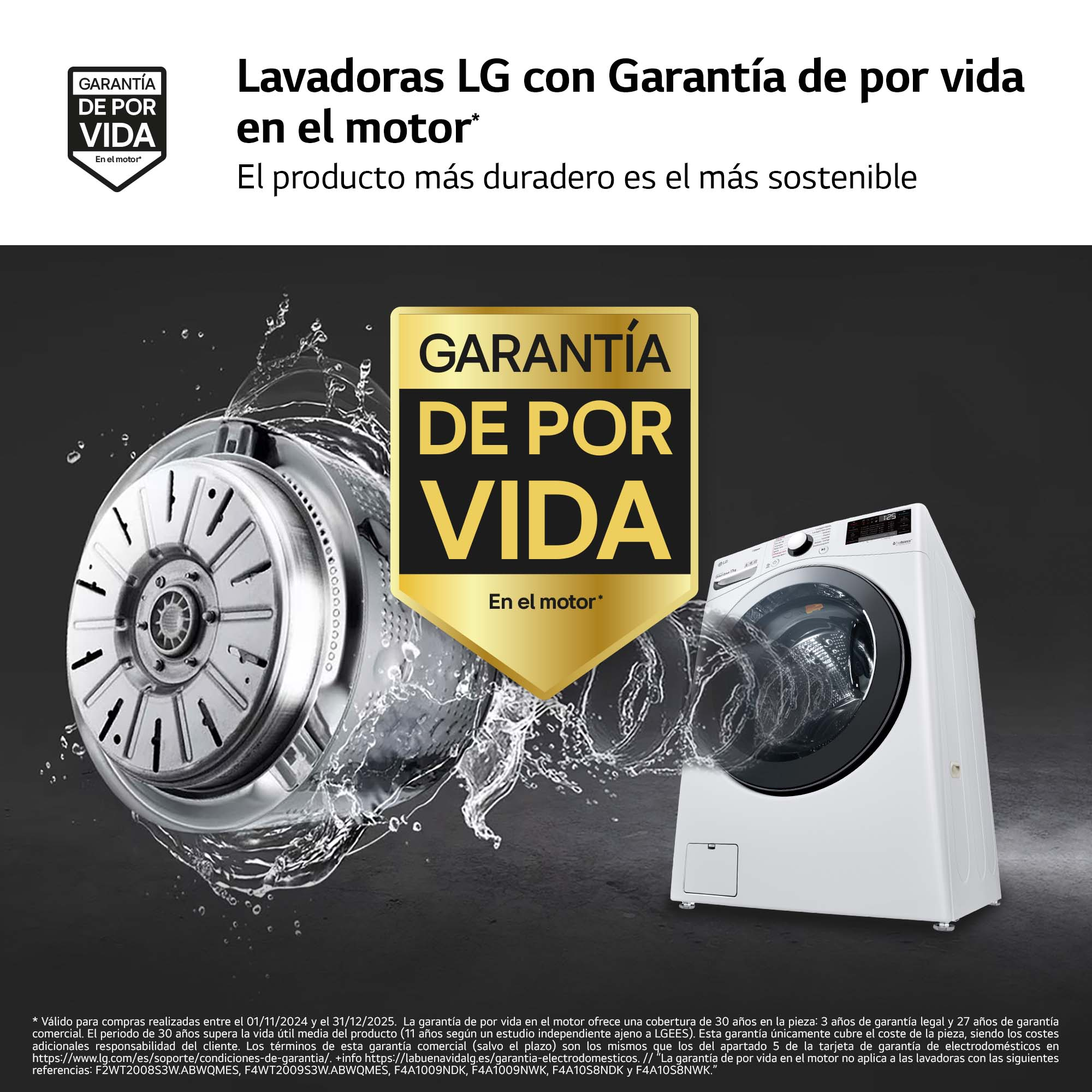 Lavadora con motor y texto sobre garantía y durabilidad.