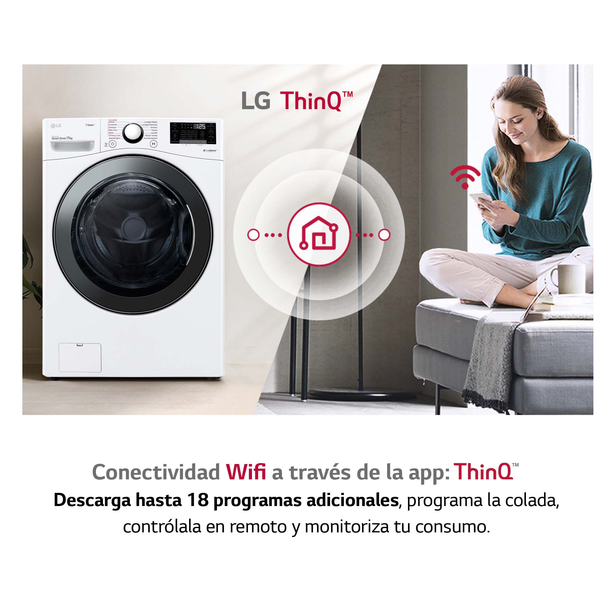 Mujer usando teléfono cerca de lavadora. Lavadora es blanca. Texto en español abajo.