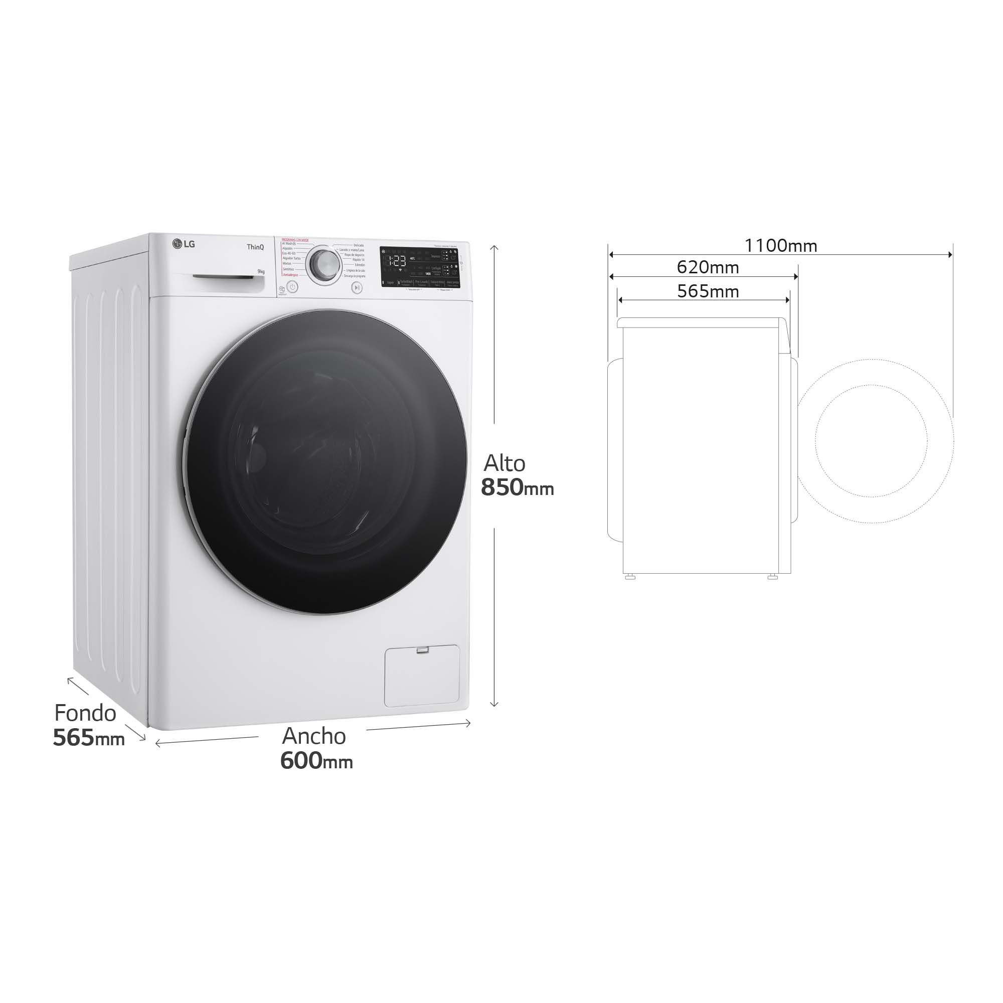 Lavadora LG blanca con dimensiones y diagrama sobre fondo blanco.