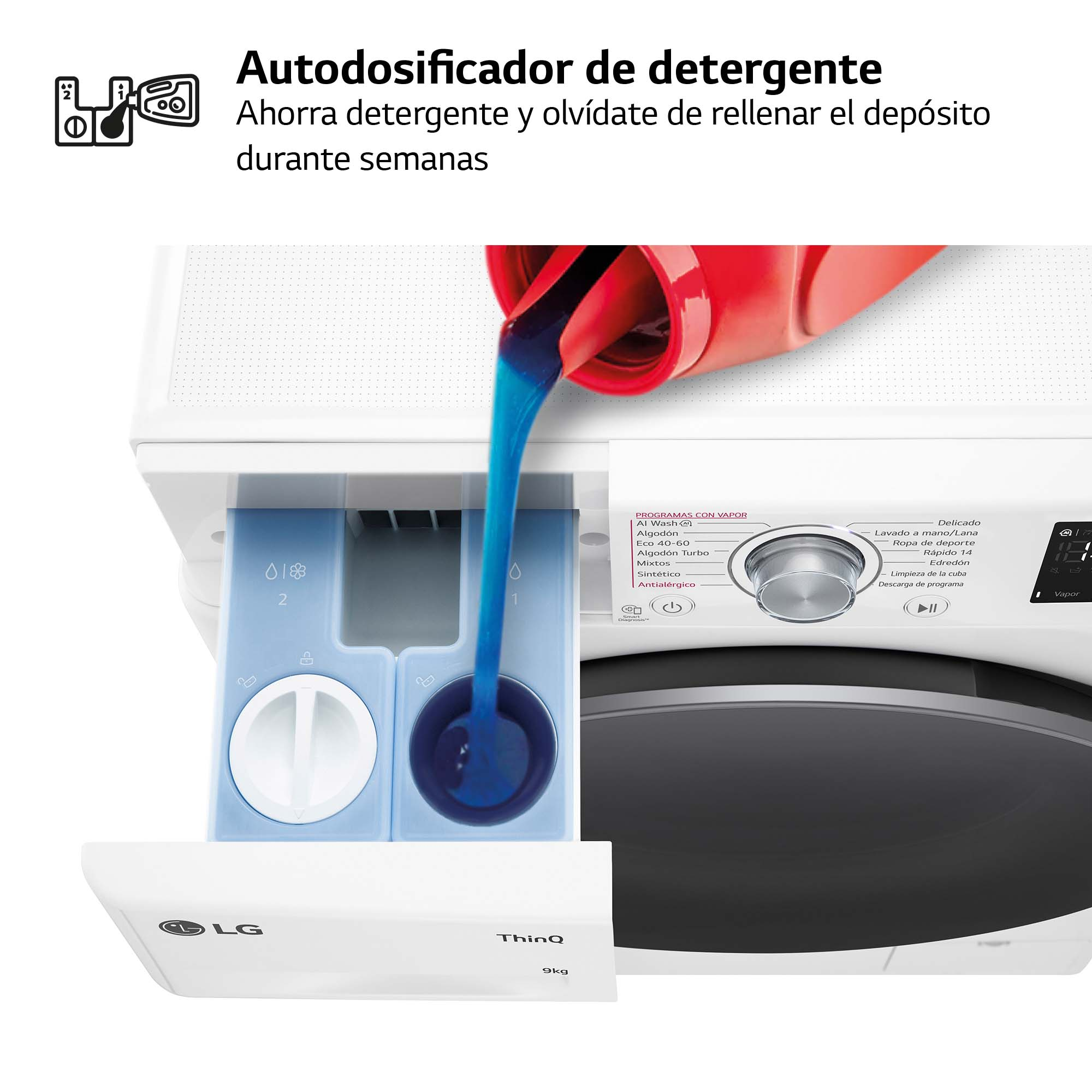 Una lavadora con detergente vertiéndose en un cajón dispensador.