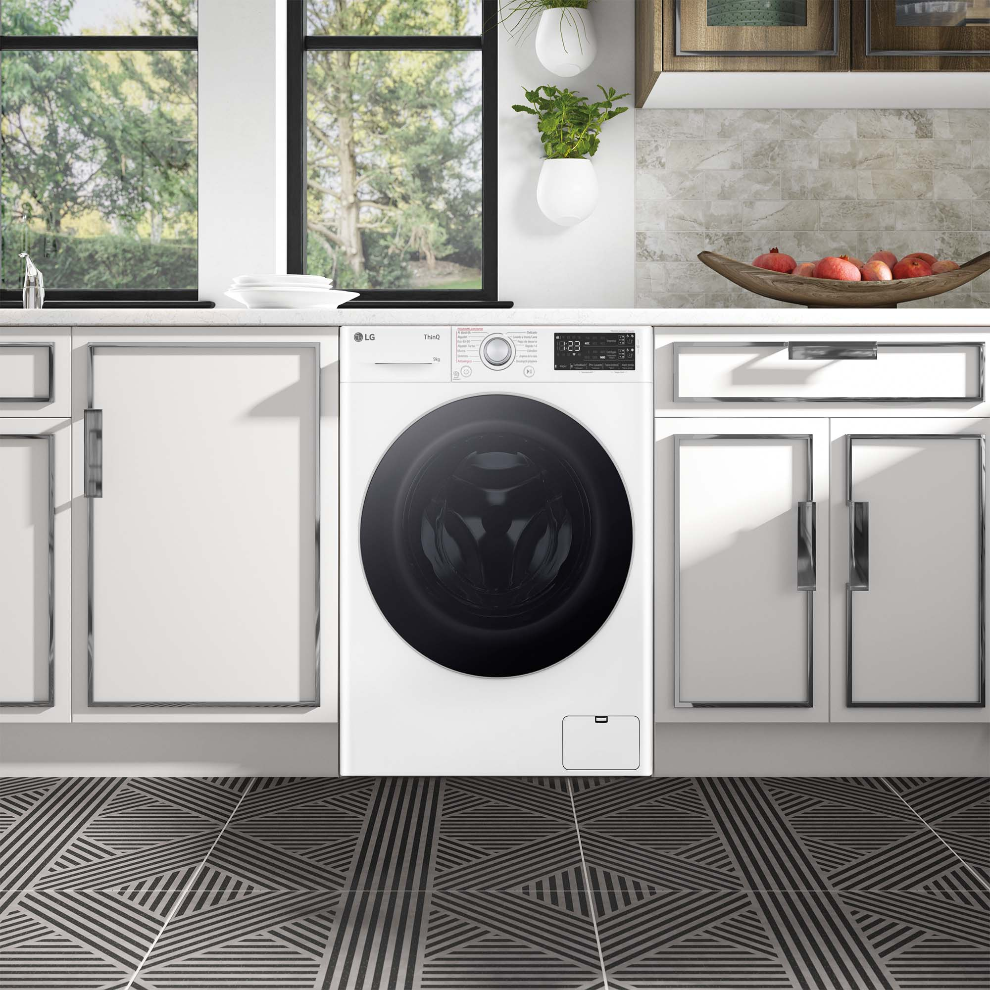 Lavadora LG blanca en cocina moderna. Baldosas negras geométricas.