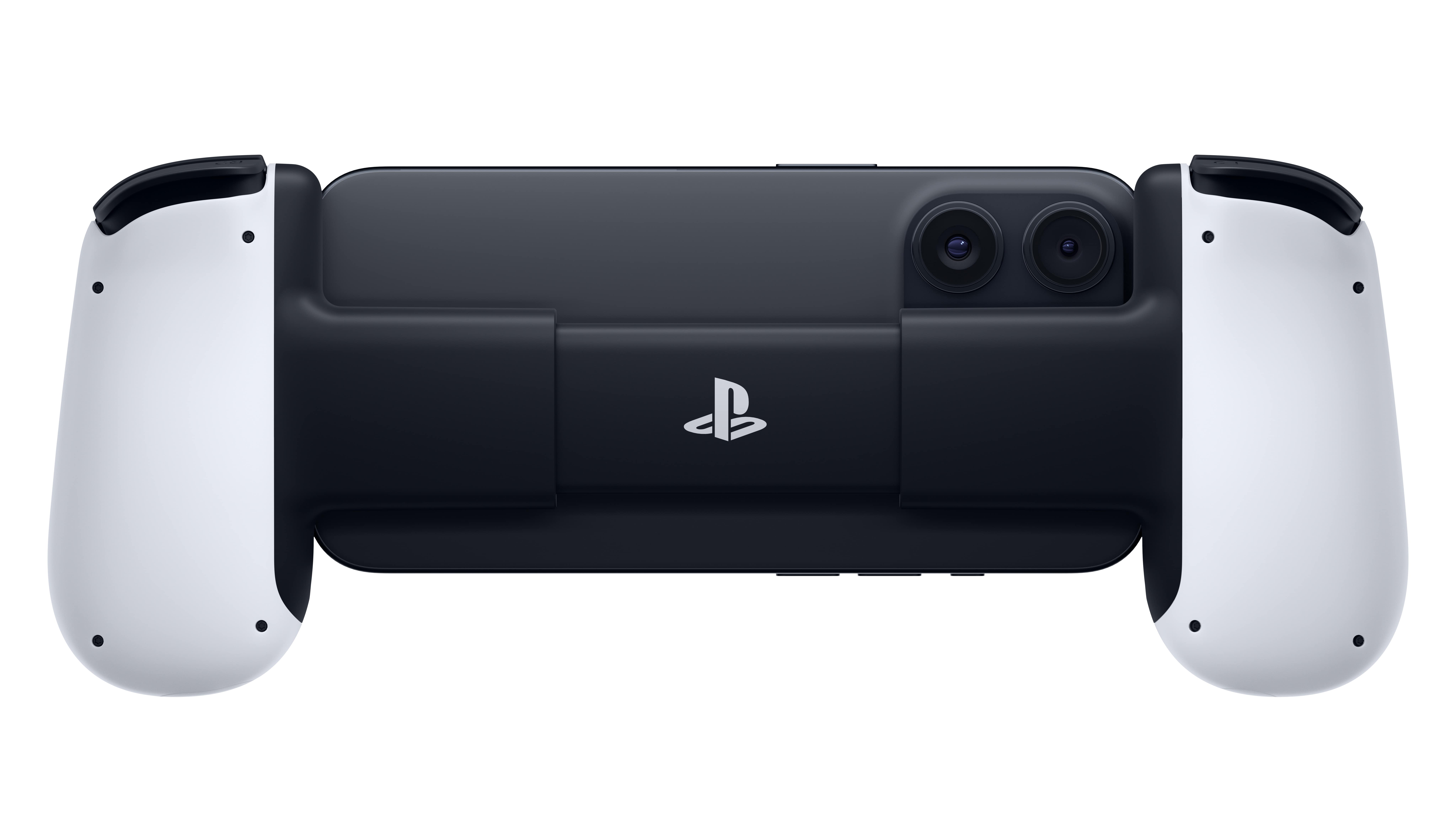 Schwarzer PlayStation Portal Controller mit weißen Griffen. Verfügt über zwei Kameras und das PlayStation-Logo.