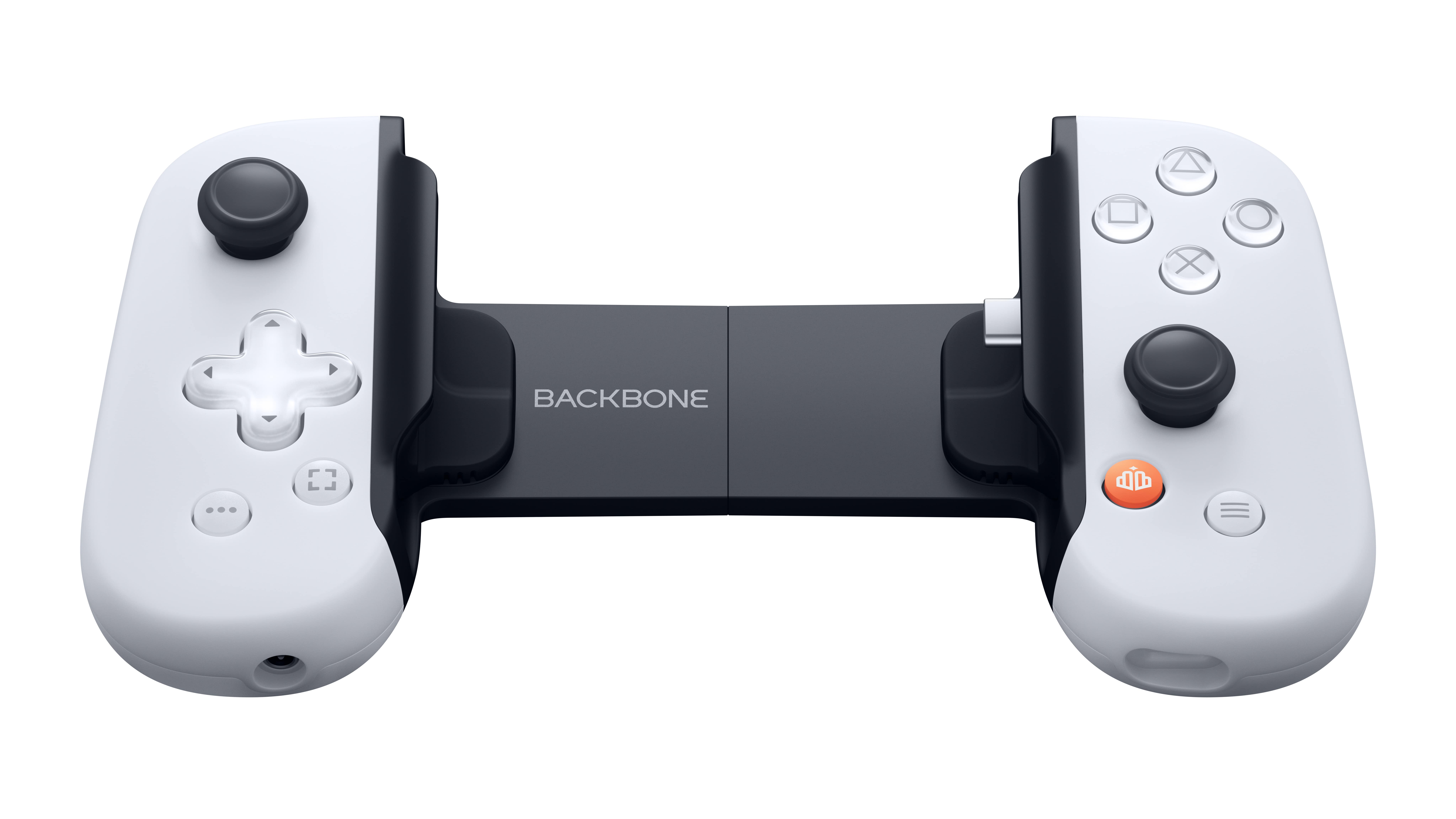 Weiß-schwarzer Backbone PlayStation Controller, Draufsicht, auf weißem Grund.