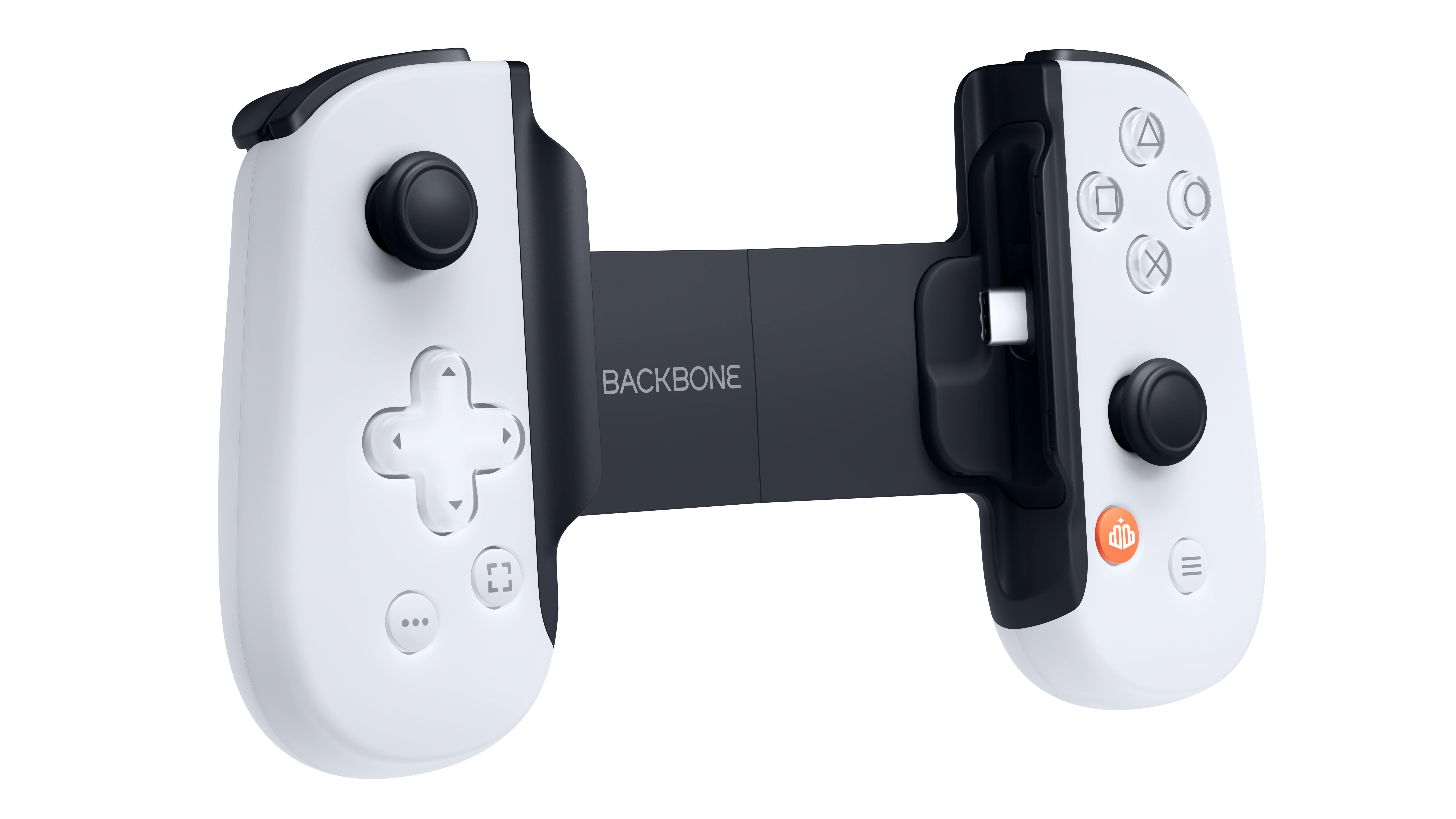 Weißer Backbone Mobile Gaming Controller. Er hat Knöpfe und einen Telefonanschluss.