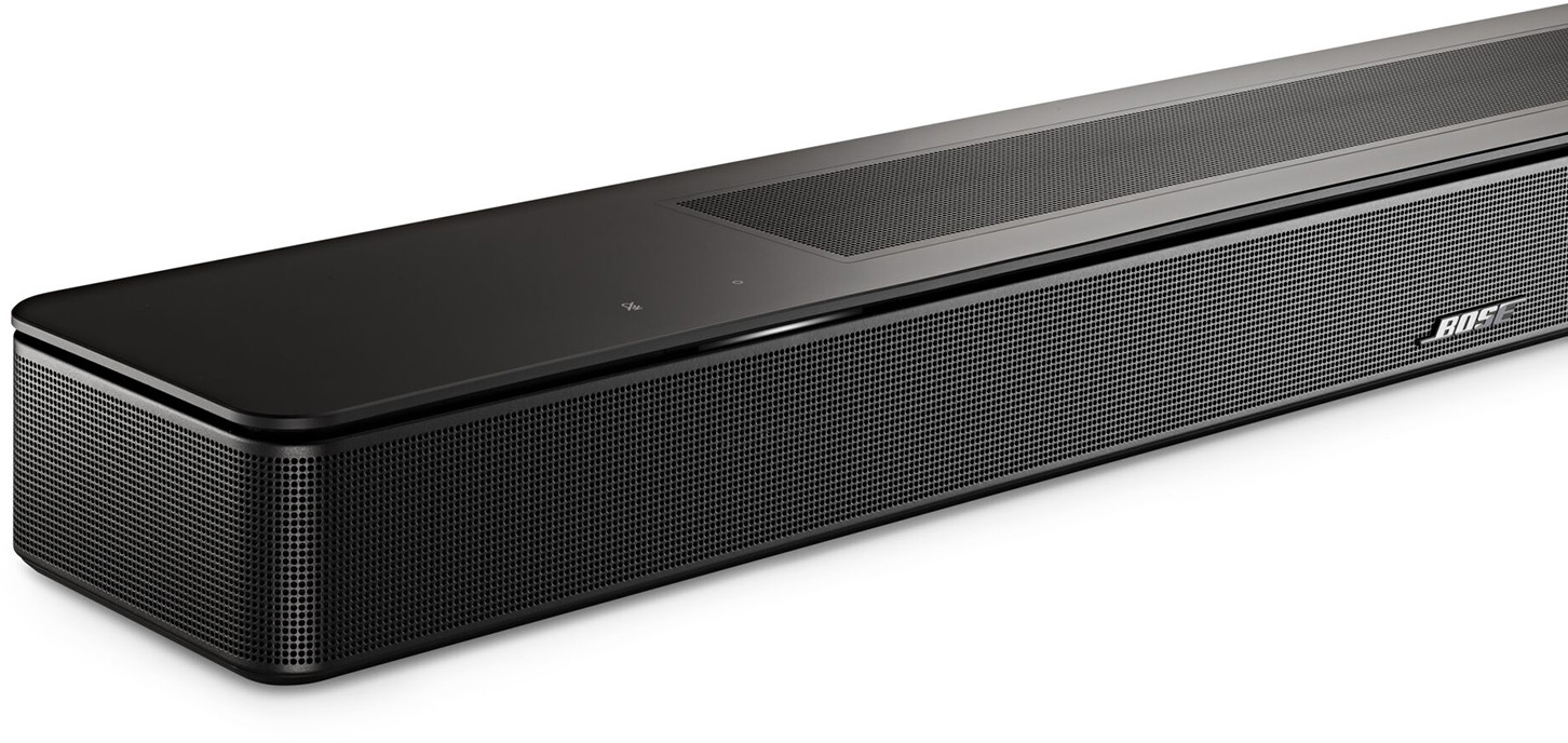 Fekete Bose soundbar, oldalsó nézet, hálós előlappal.