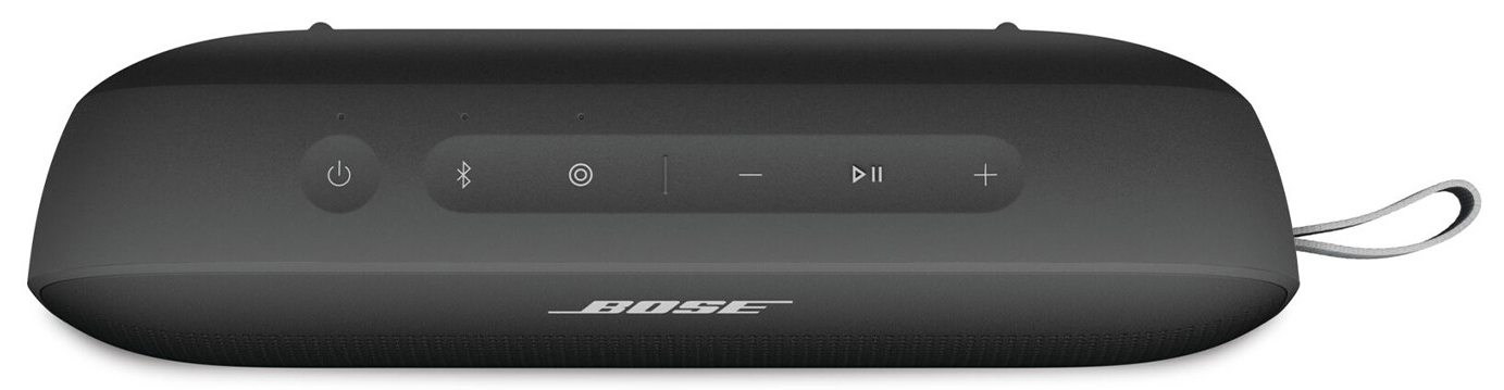 Fekete Bose soundbar vezérlőgombokkal felül és hurokkal.