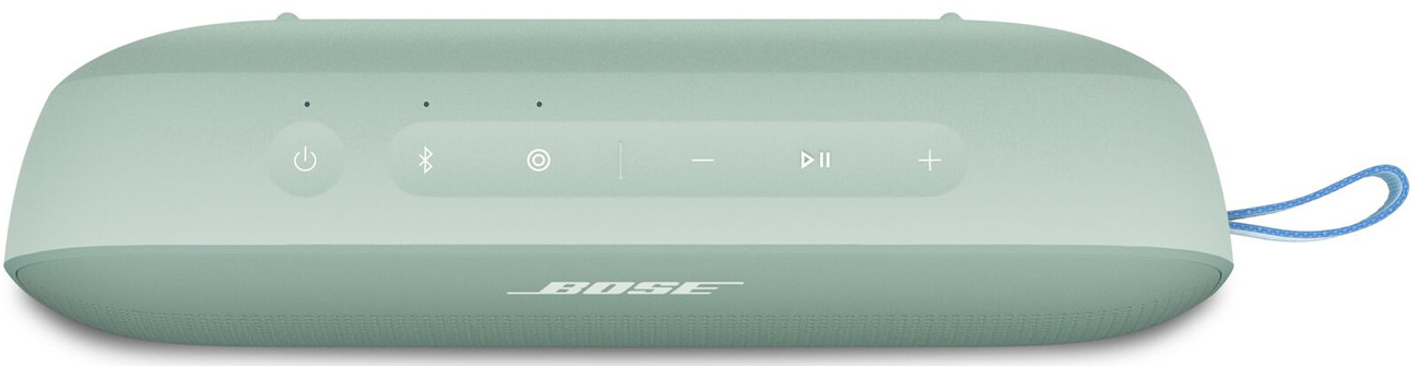 Mentazöld hangszóró gombokkal, Bose logóval, kék zsinórral.