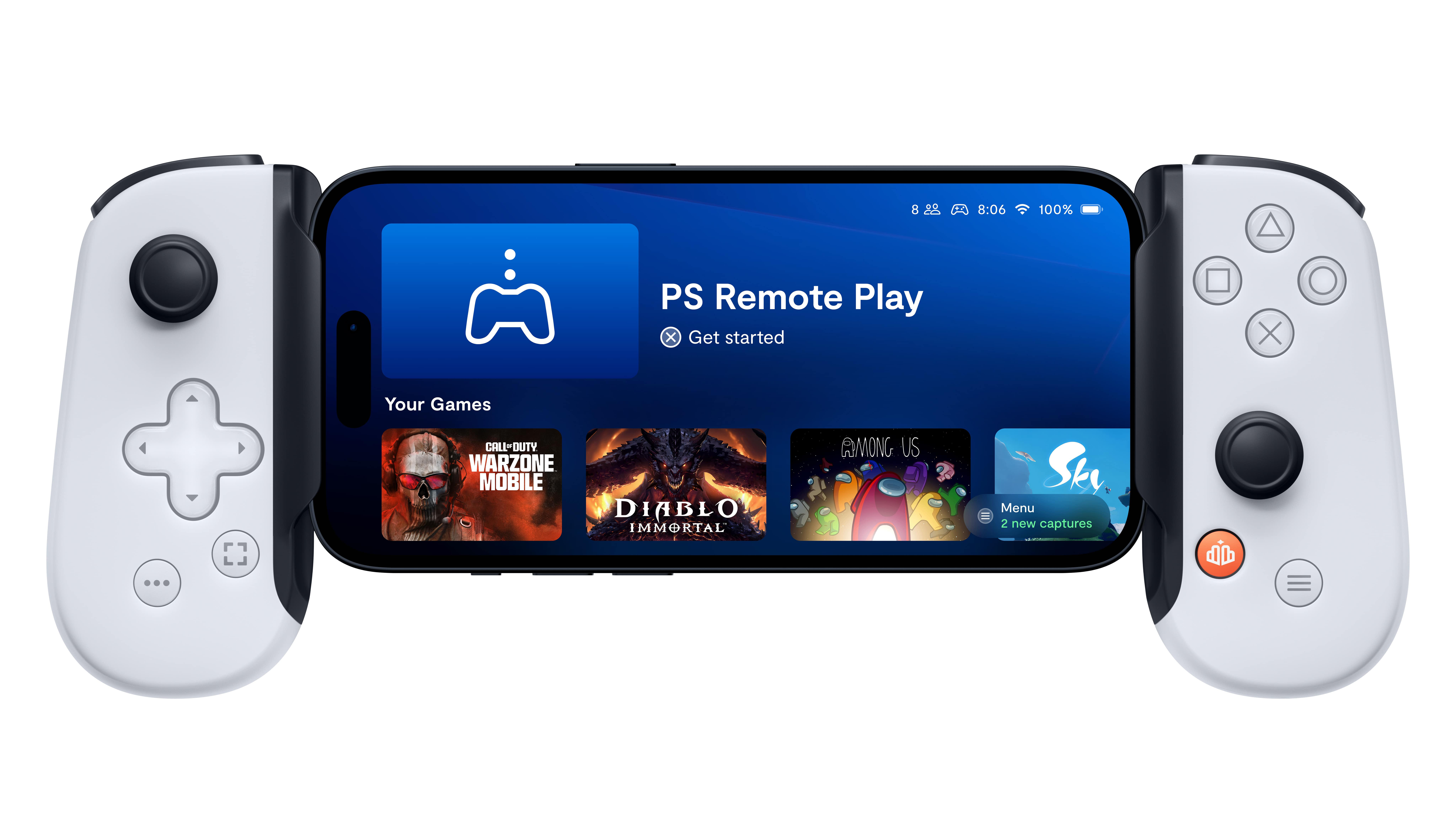 Ein Telefon mit Gamecontrollern auf beiden Seiten. Der Bildschirm zeigt ein Spielmenü.