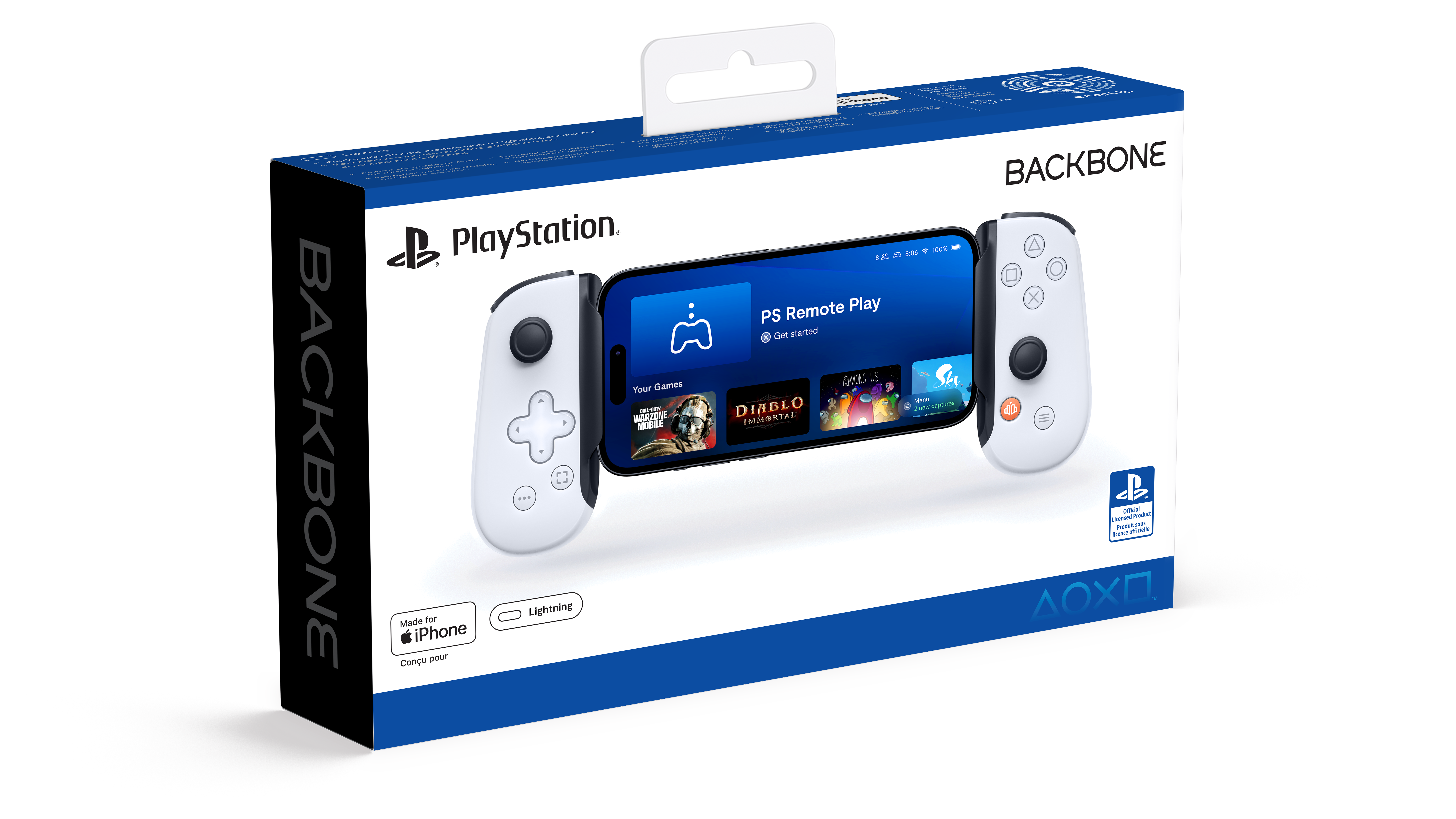 Backbone PlayStation Mobile-Gaming-Controller-Box. Zeigt ein Telefon mit Spielen.