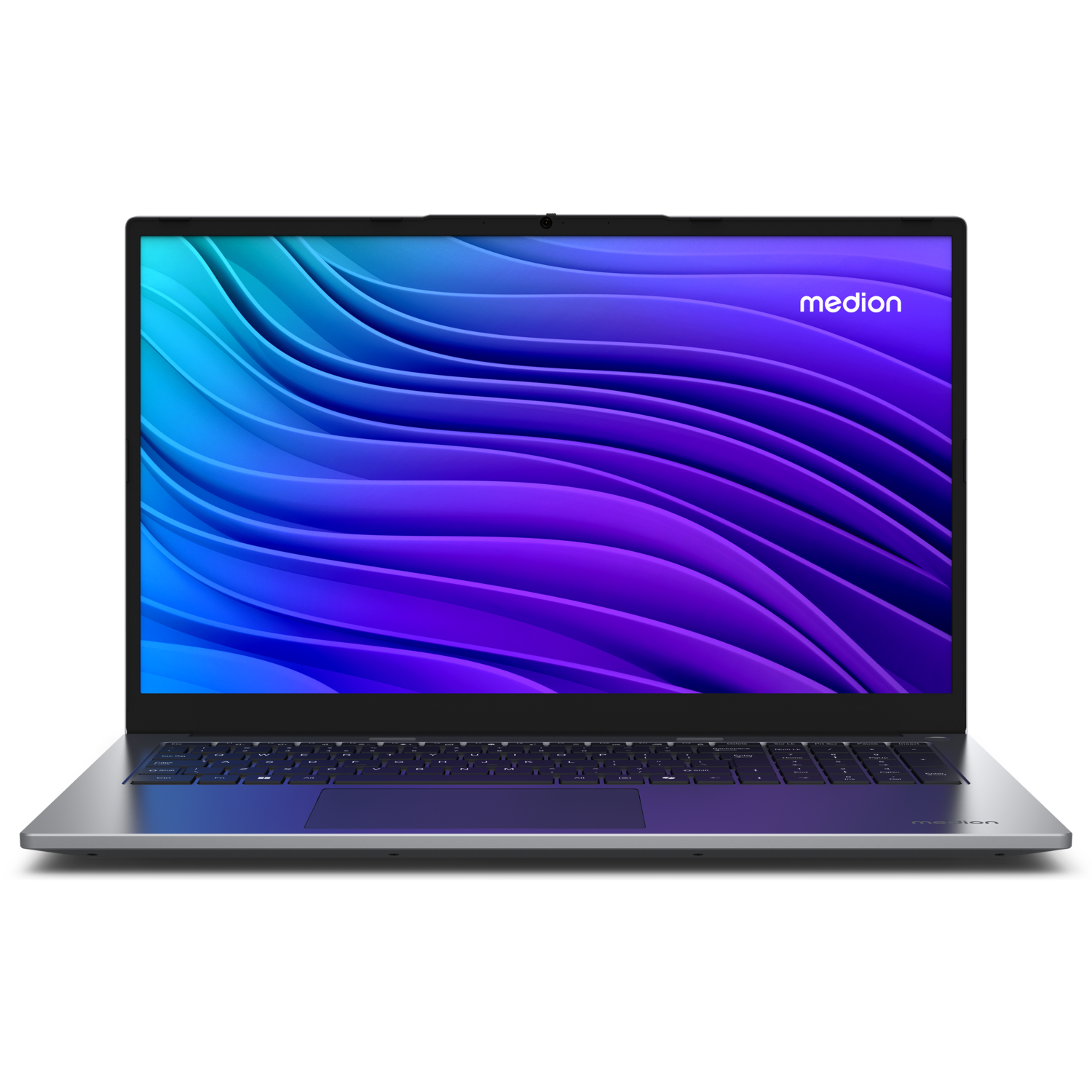 Zilveren laptop met een kleurrijk blauw-paars scherm, toetsenbord en Medion logo.