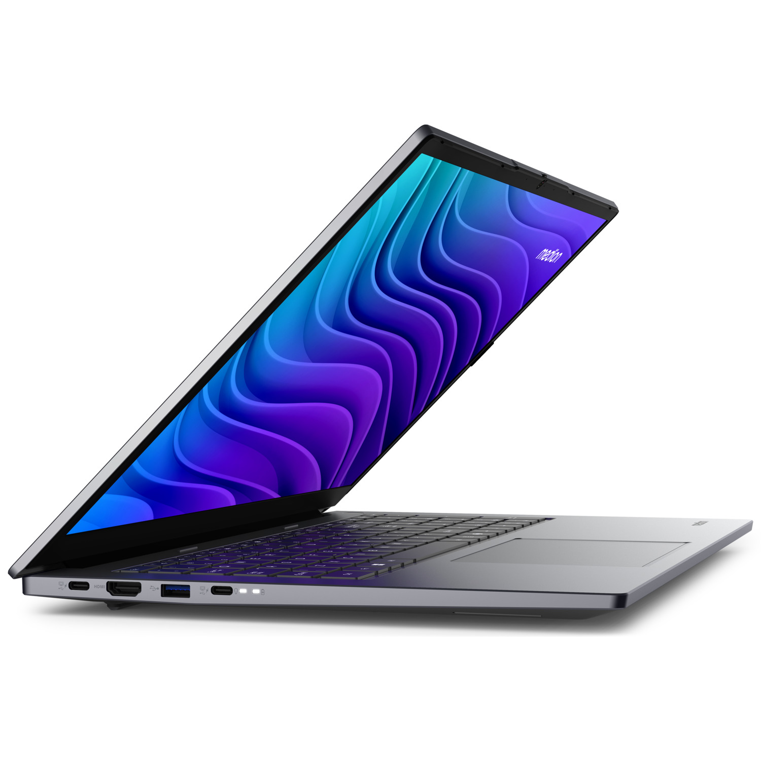 Een grijze laptop met het scherm open en een kleurrijk abstract ontwerp.