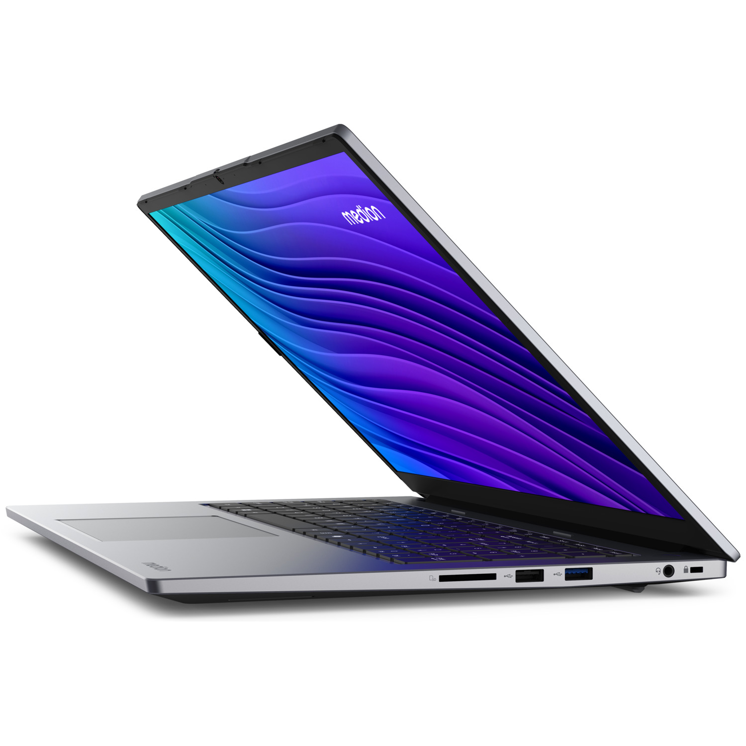 Zilveren laptop met een open scherm met een paars en blauw ontwerp.