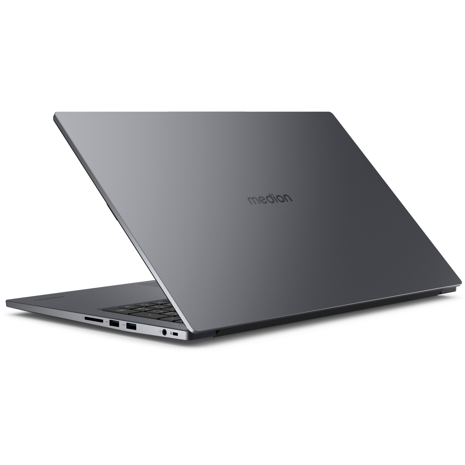 Een grijze laptop met het Medion-logo op de achterkant. De laptop is open.