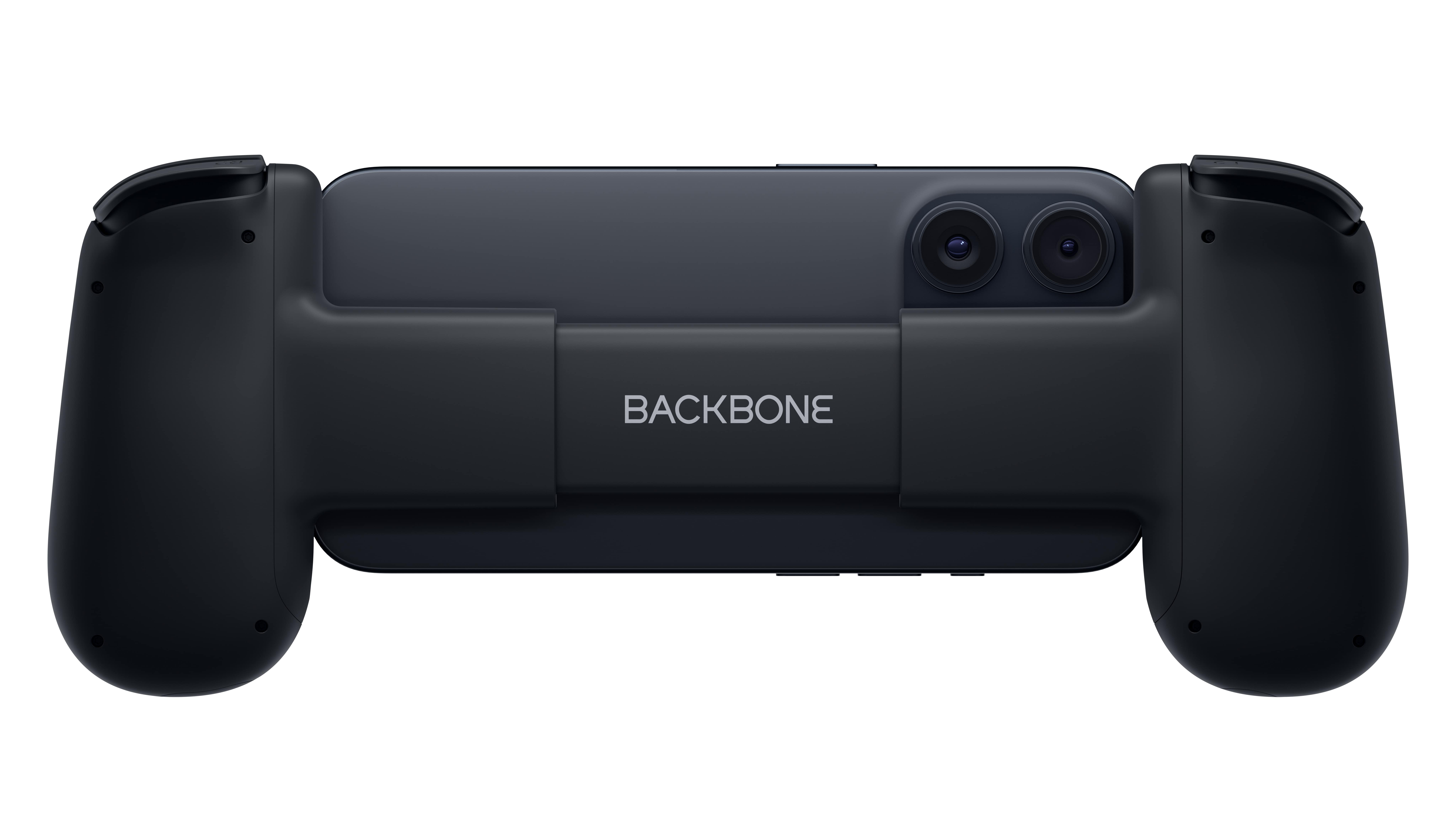 Ein schwarzer Backbone-Gaming-Controller für ein Telefon. Es hat zwei Griffe und einen Kamerabereich in der Mitte.