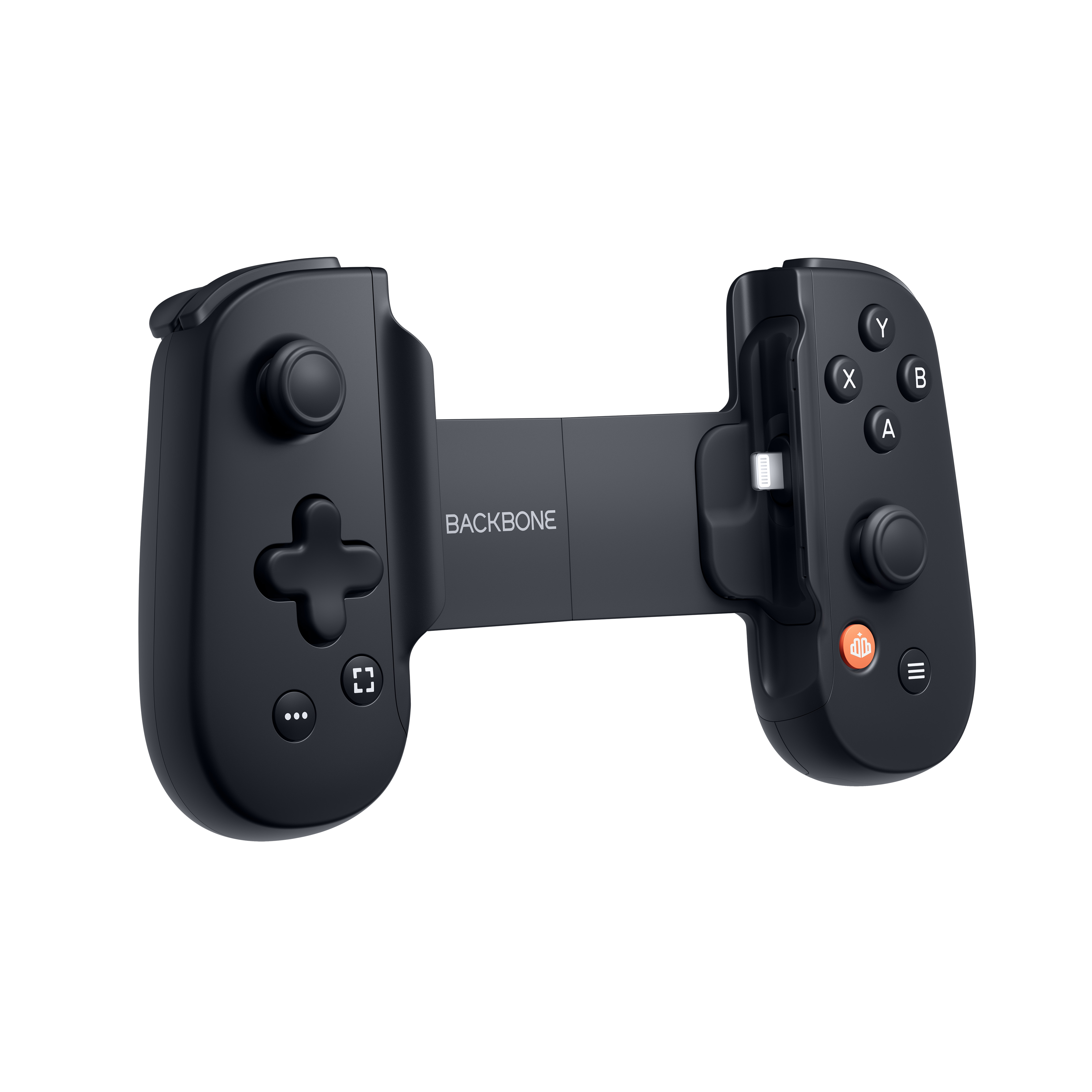 Schwarzer Gaming-Controller. Backbone-Logo, Tasten und ein Schiebemechanismus.