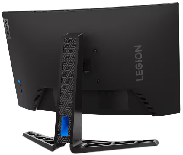 Tył czarnego monitora Lenovo Legion. Ma niebieskie światło i podstawkę.