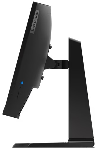 Czarny monitor Lenovo, widok z boku, na czarnej podstawce. Logo znajduje się w lewym górnym rogu.