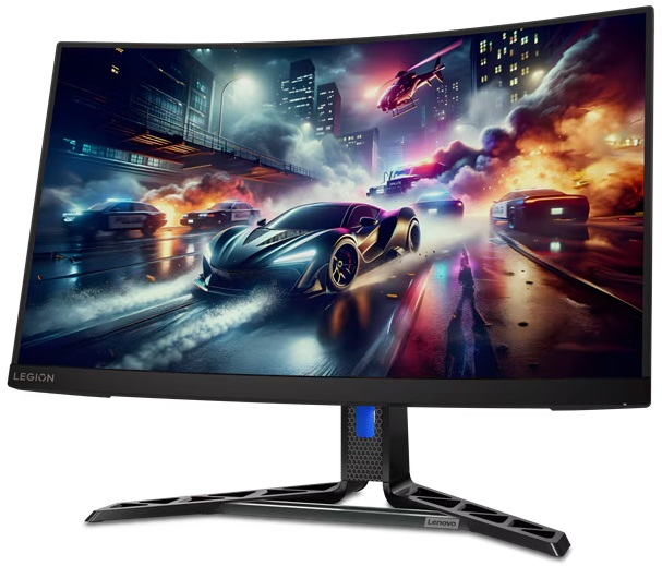 Zakrzywiony monitor Lenovo Legion wyświetla cyfrową scenę z samochodami wyścigowymi, helikopterem i światłami miasta.