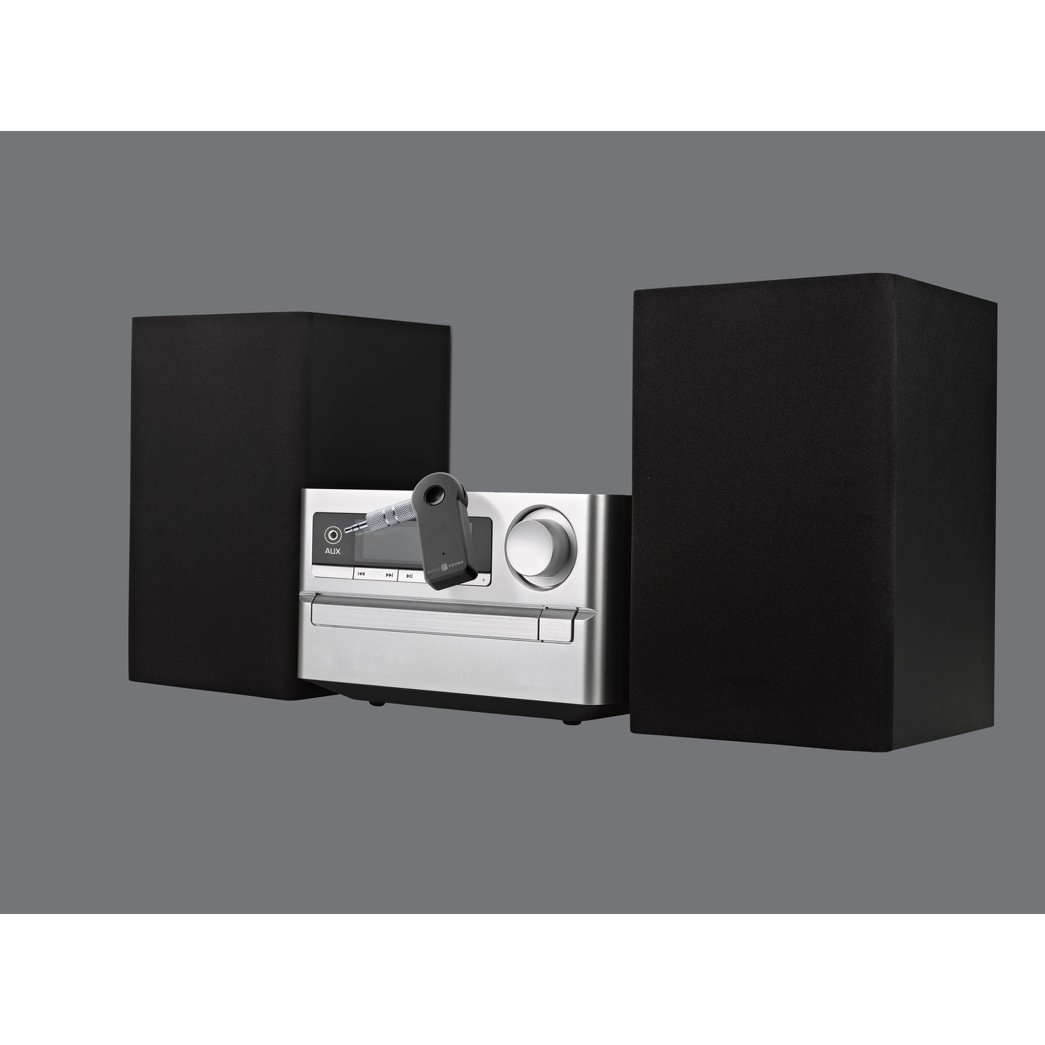 Impianto stereo con altoparlanti su sfondo grigio. Lettore argento, due altoparlanti neri.