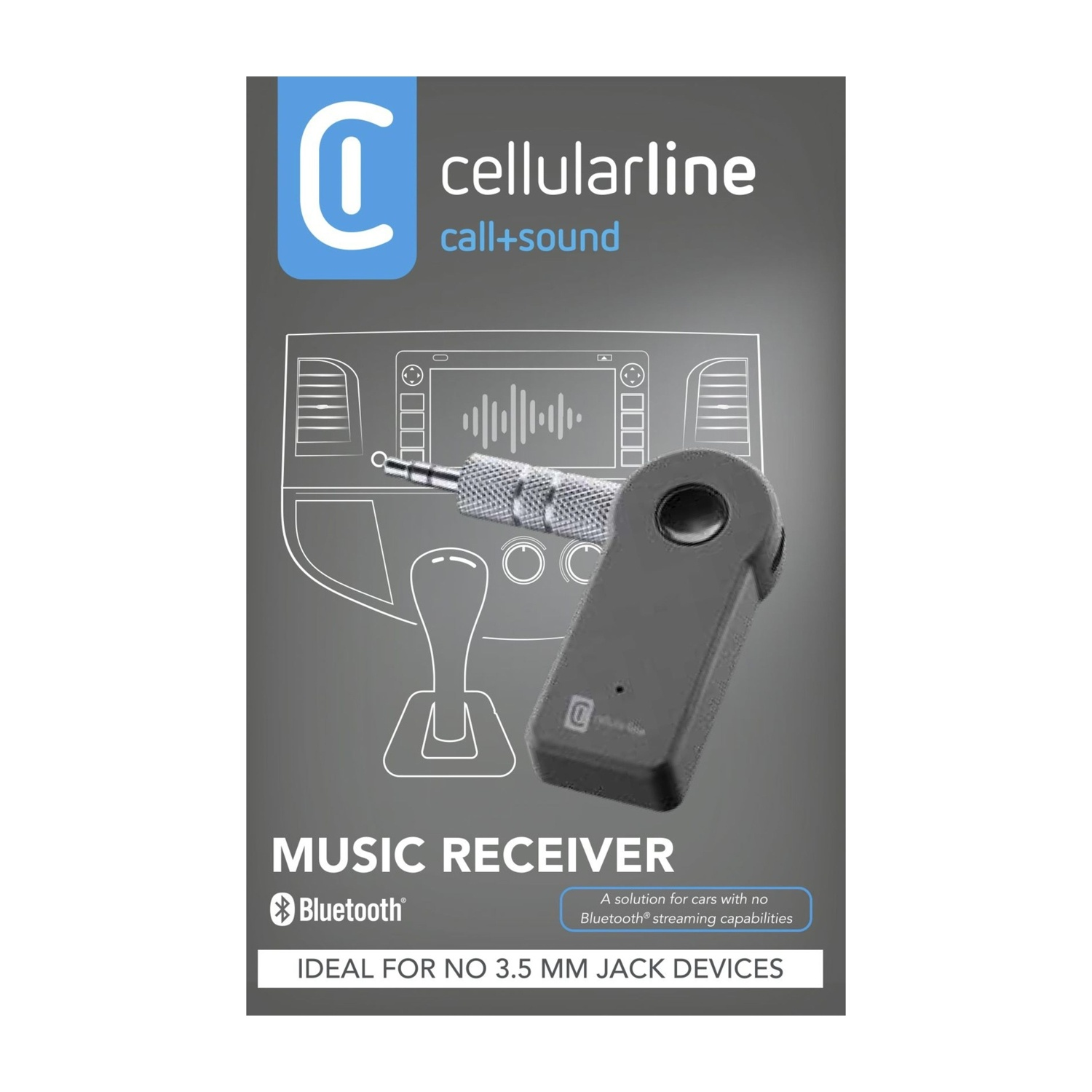 Confezione del ricevitore musicale Bluetooth Cellularline. Mostra ricevitore, jack e grafica interni auto.