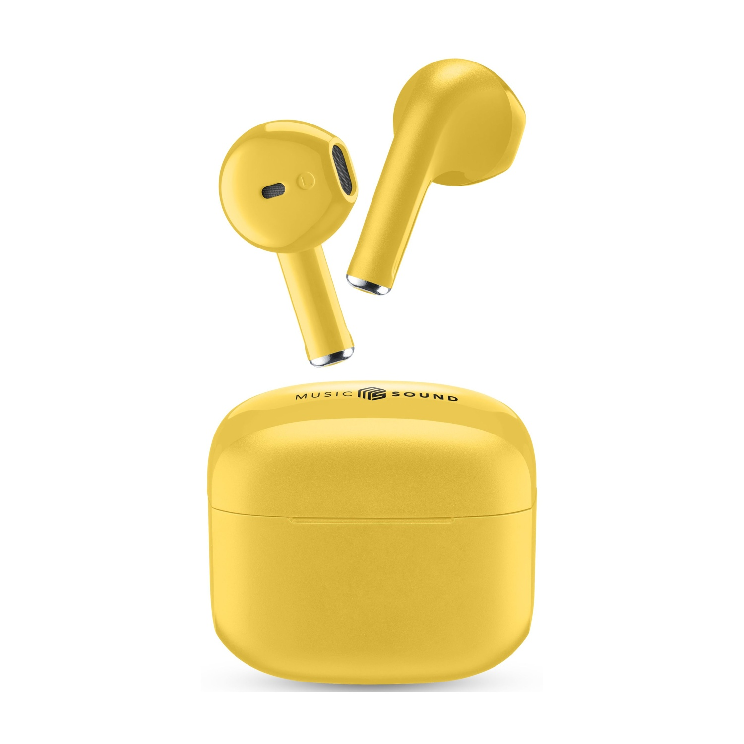 Auricolari wireless gialli e custodia di ricarica. La custodia è quadrata. Gli auricolari sono in aria.