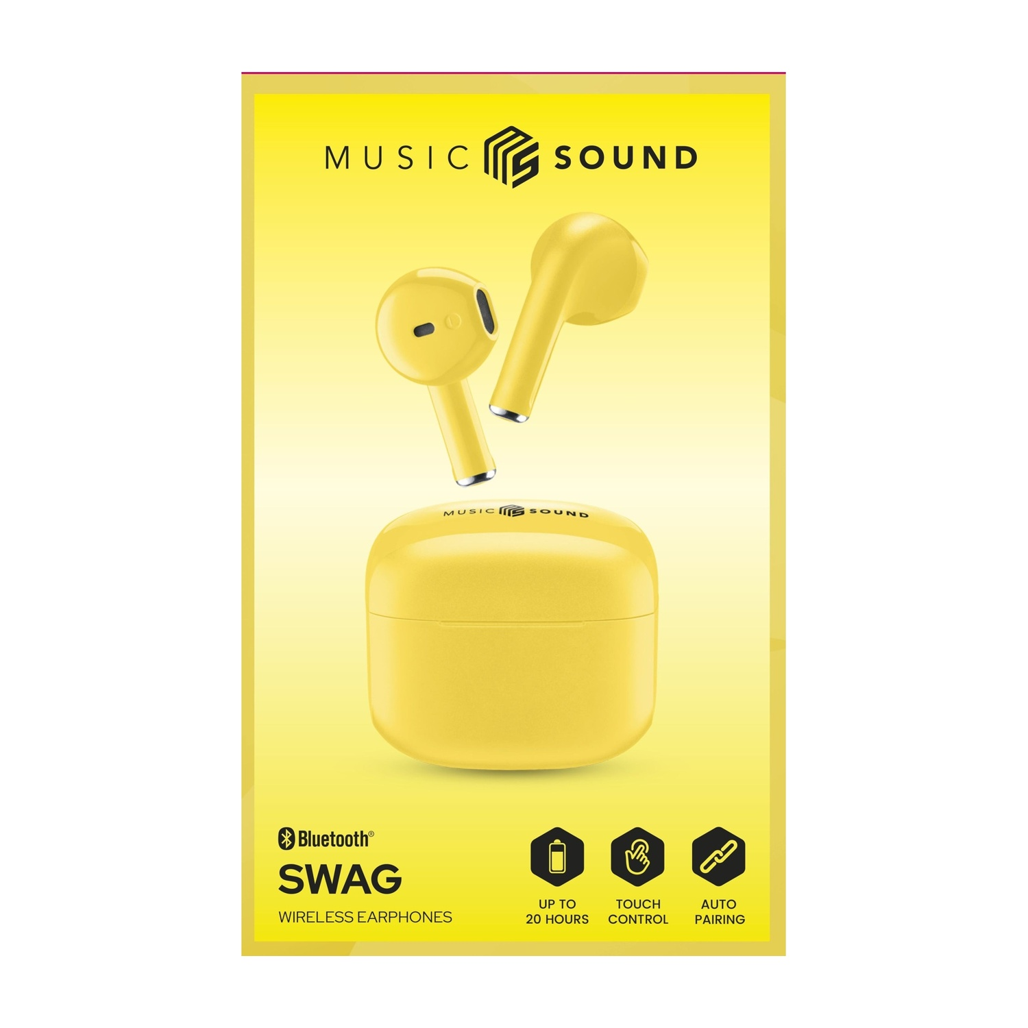 Auricolari e custodia wireless gialli su sfondo giallo con testo. Bluetooth, fino a 20 ore e icone touch control.