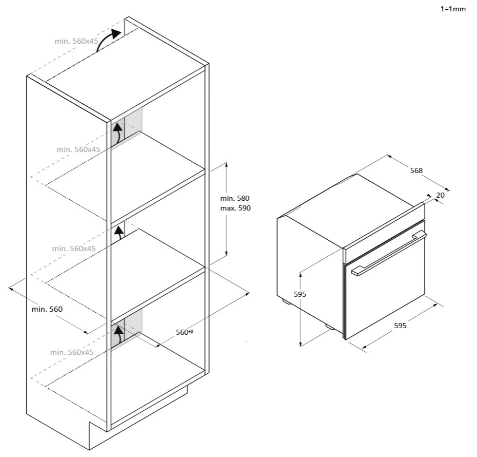 Egy szekrény méreteit ábrázoló diagram és egy sütő méretei. A szöveg tartalmazza a 'min' szót és olyan számokat, mint 560, 595, 568 stb.