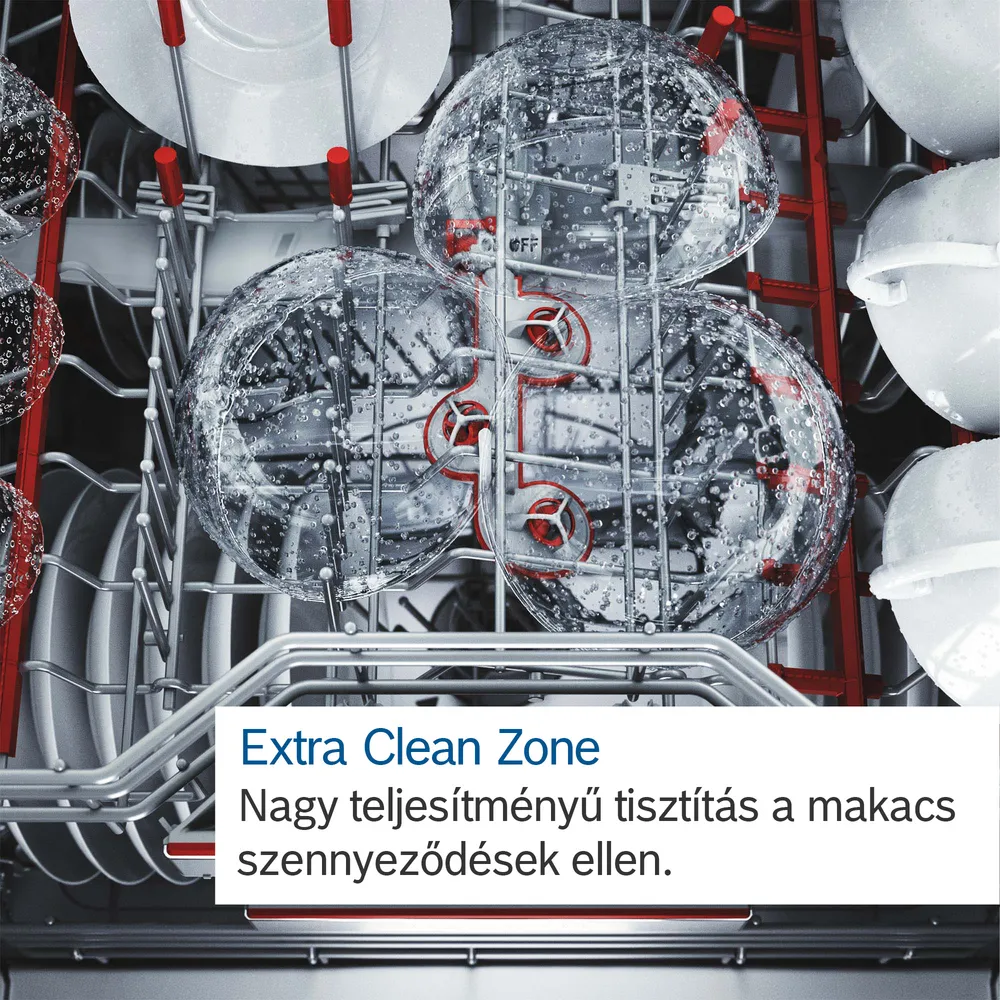 Mosogatógép belseje edényekkel és 'Extra Clean Zone' felirattal magyarul.