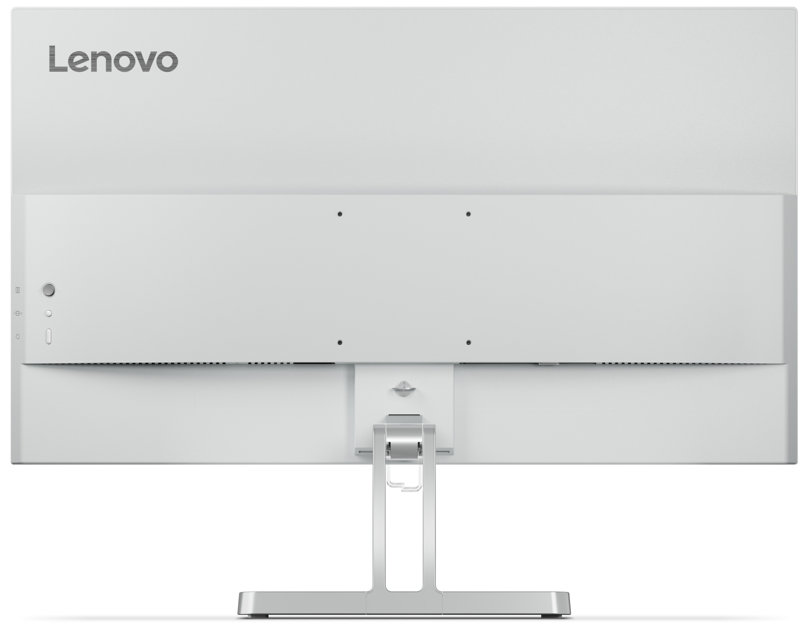 Tył białego monitora Lenovo. Pokazuje porty, podstawkę i logo Lenovo u góry.
