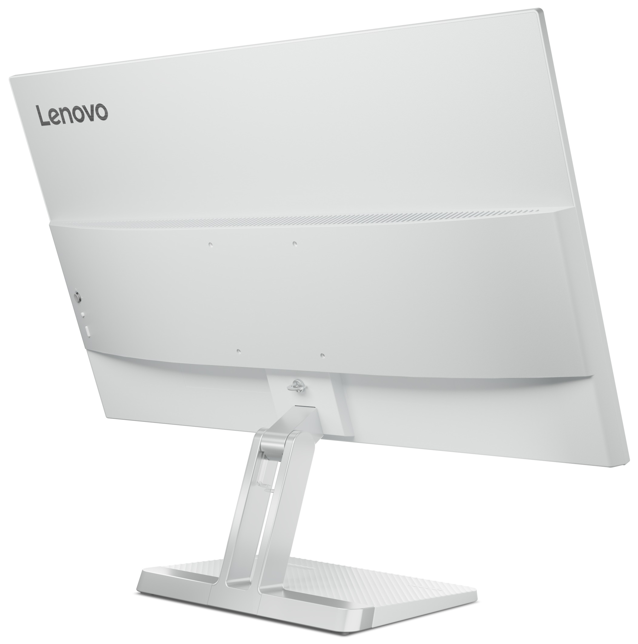 Biały monitor Lenovo, widok z tyłu ze stojakiem.
