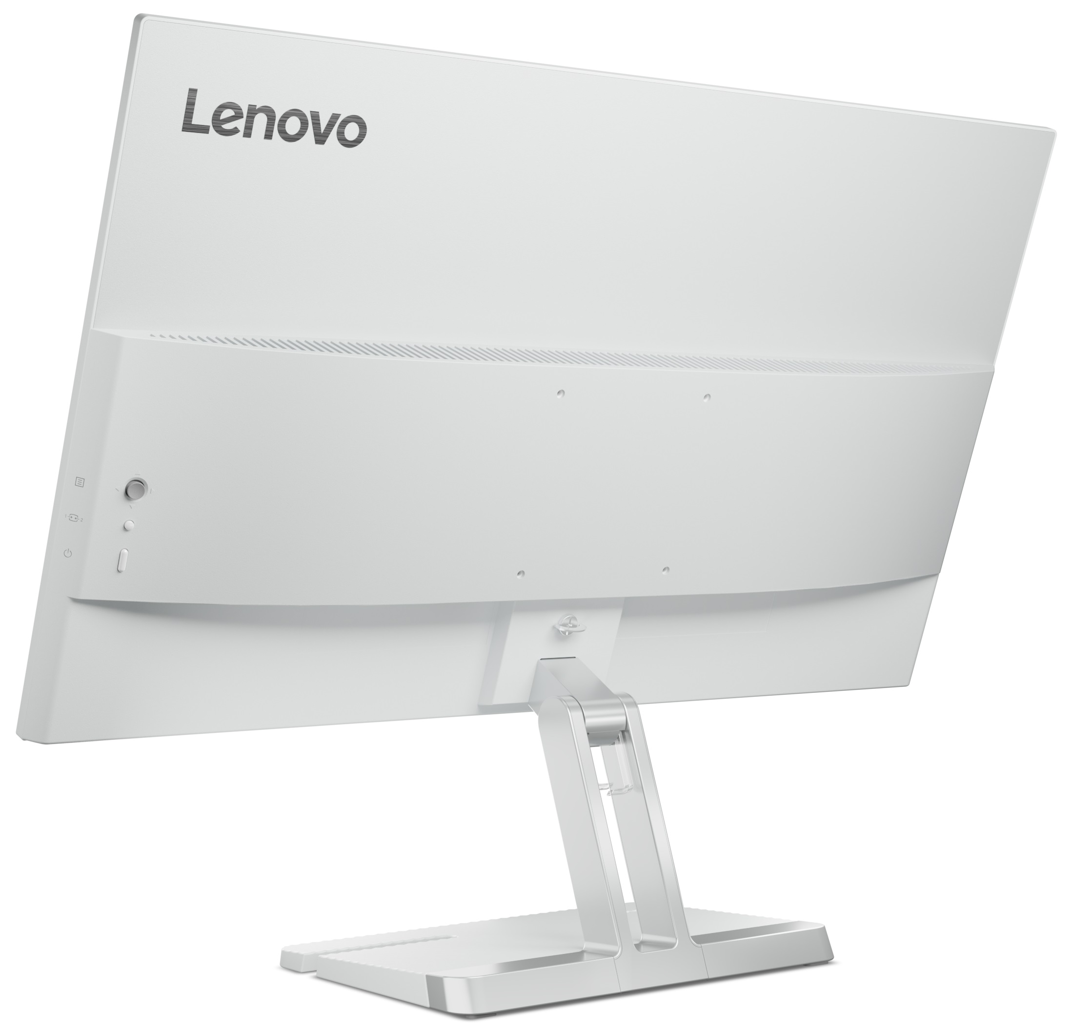Widok z tyłu białego monitora. Pokazuje porty i połączenia, logo Lenovo na górze.