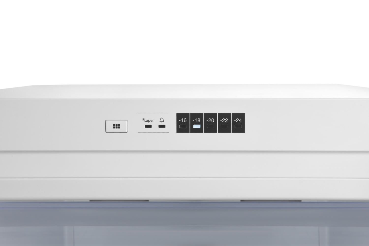 Fehér elektronikus eszköz közeli képe beállítási gombokkal és kijelzővel.