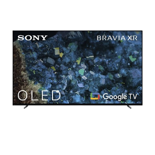 Sony OLED-Fernseher. Der Bildschirm zeigt abstrakte blaue und gelbe Kristalle. Google TV-Logo ist sichtbar.