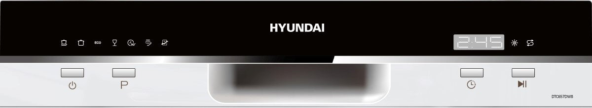 Fehér és fekete HYUNDAI mosogatógép vezérlőpanel digitális kijelzővel.