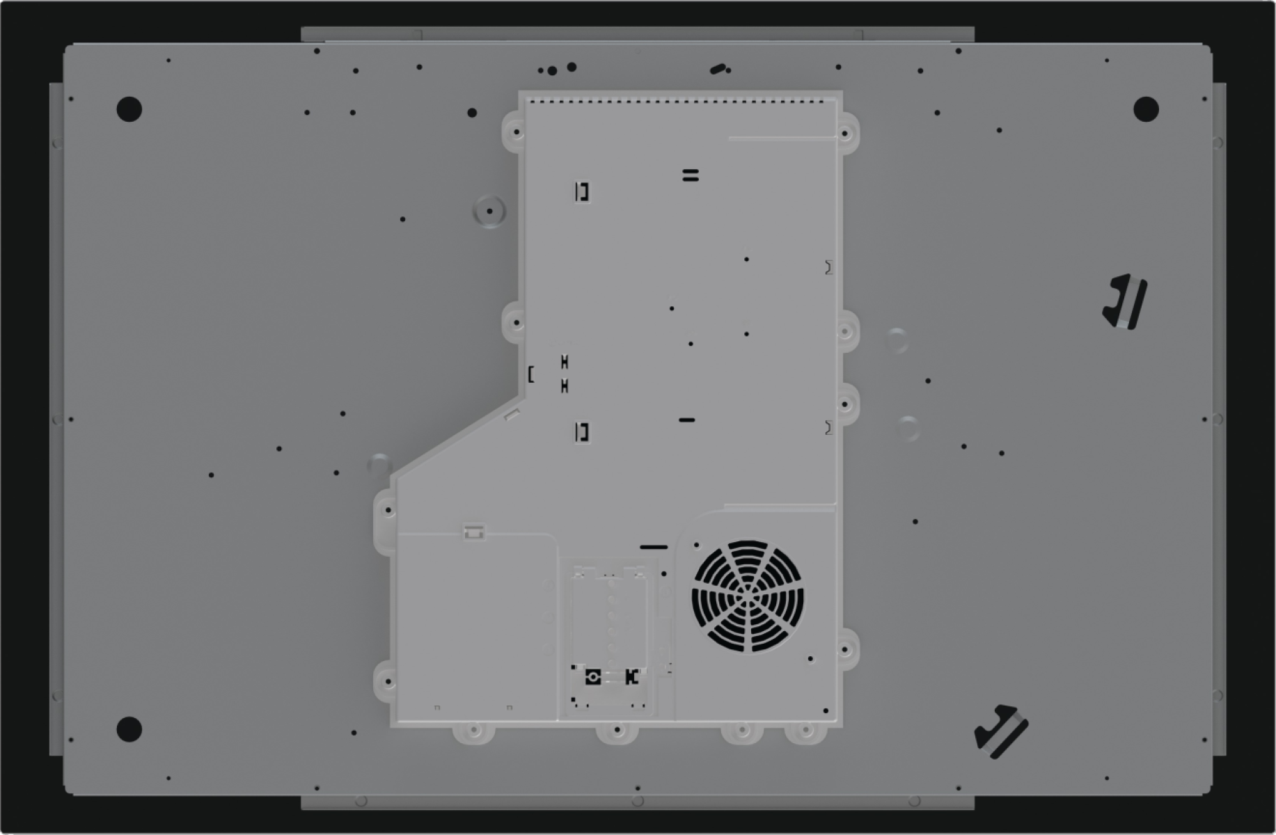 Egy szürke indukciós főzőlap aljának felülnézete. Téglalap alakú, ventilátorral.