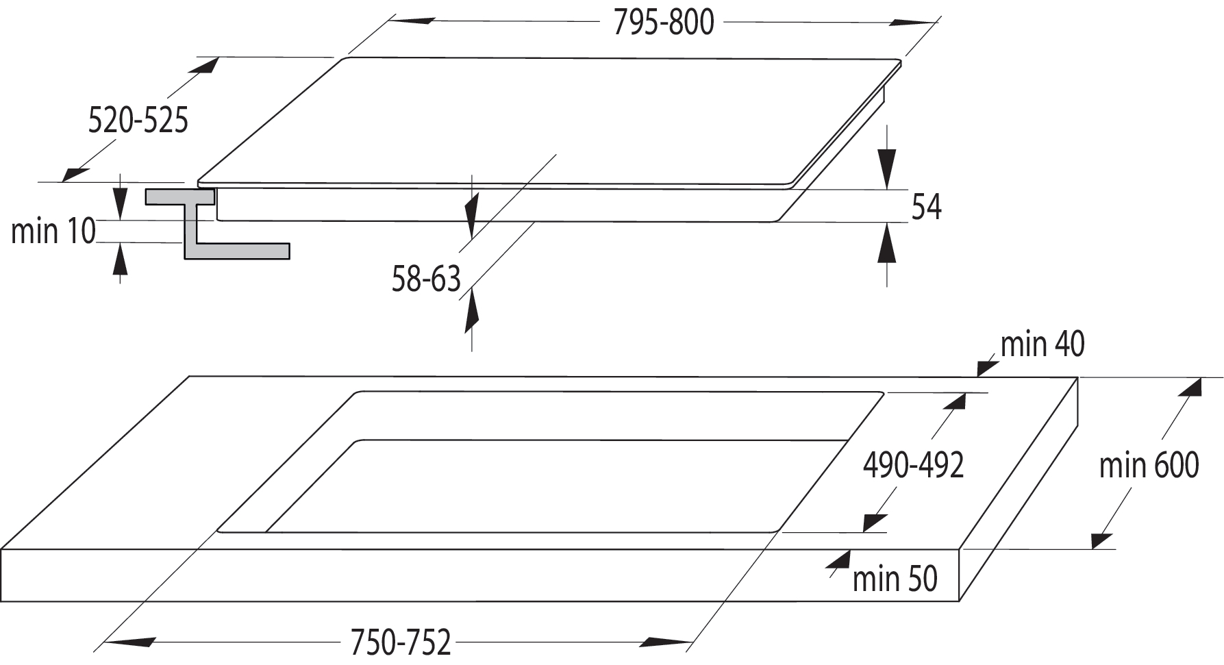 Indukciós főzőlap méreteit ábrázoló diagram.
