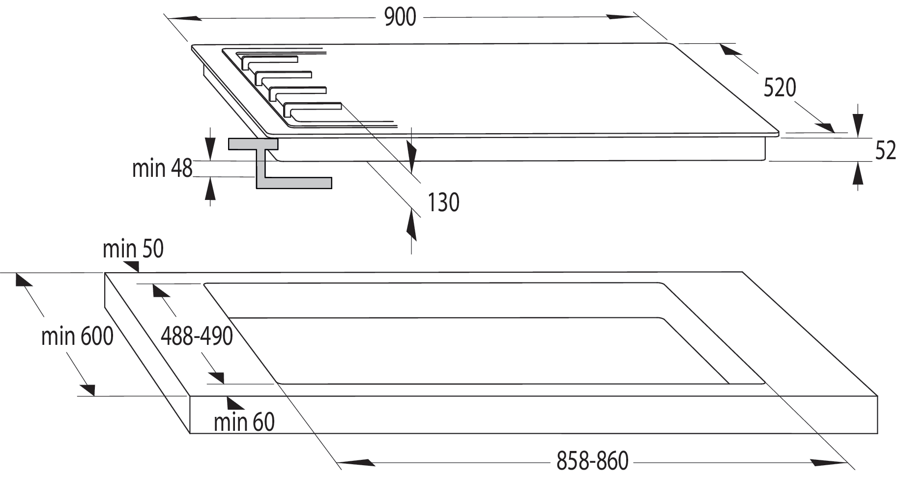 Indukciós főzőlap diagramja, méretekkel és kivágási méretekkel.