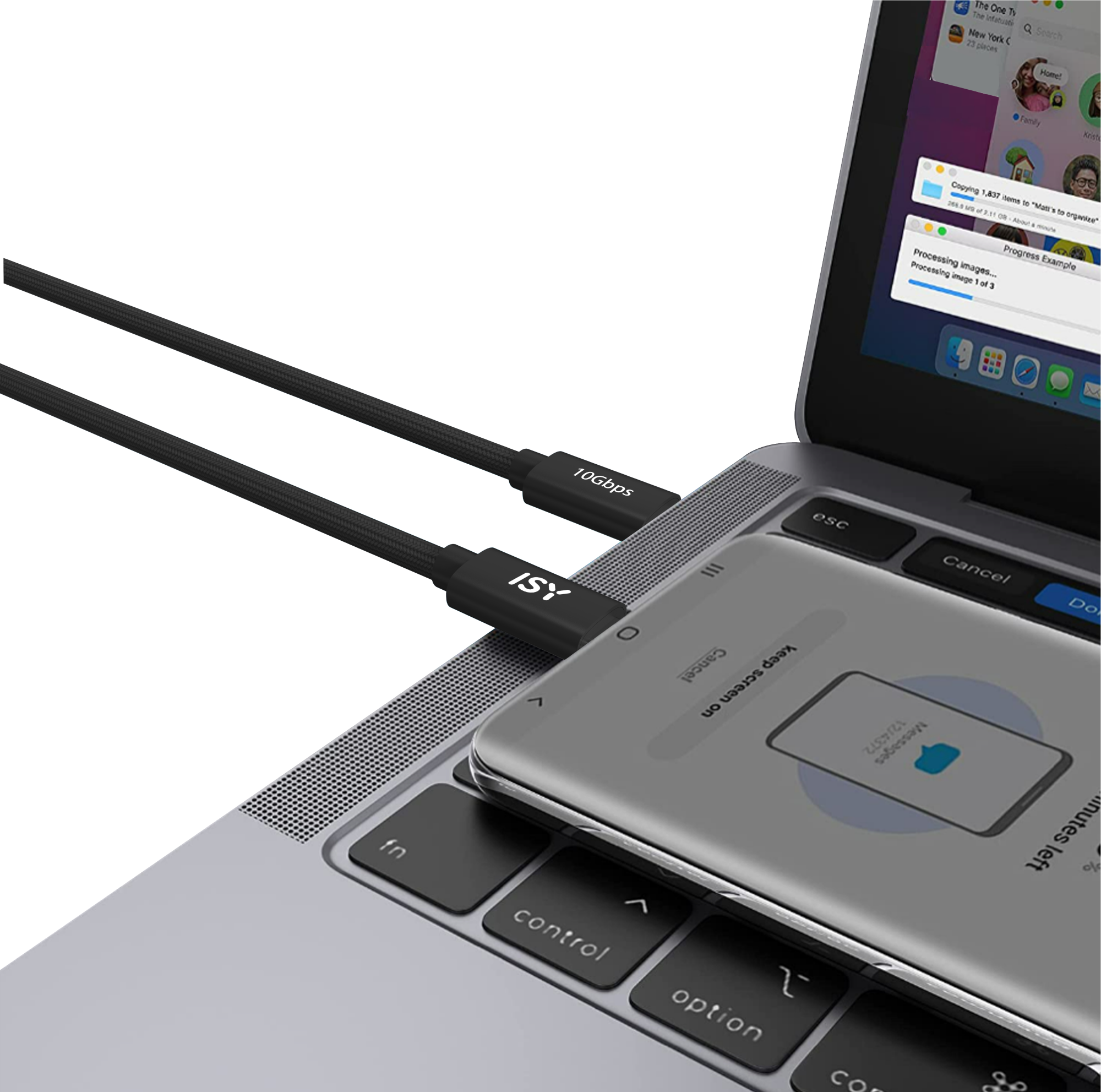 Laptop z podłączonym czarnym kablem USB-C. Telefon jest podłączony do laptopa. Ekran wyświetla wiadomość.