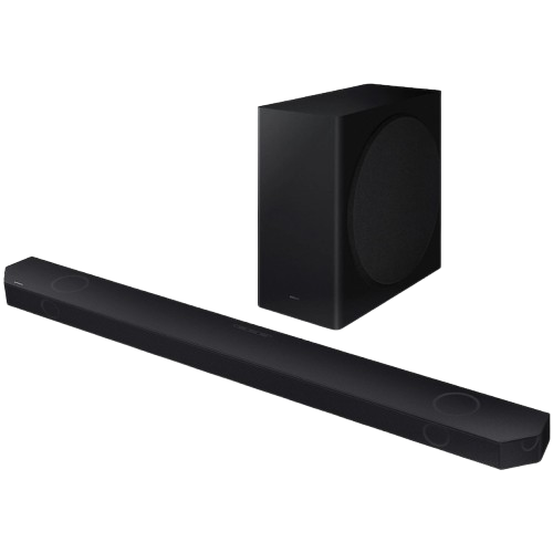 Schwarzes Samsung Soundbar- und Subwoofer-Set.
