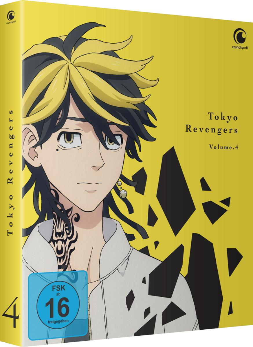 Tokyo Revengers Band 4 DVD-Hülle. Anime-Charakterporträt, gelber Hintergrund.