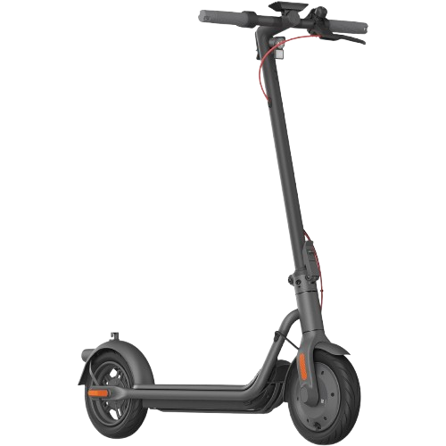 Schwarzer Elektroroller mit orangefarbenen Akzenten, schwarzem Hintergrund, modernes Design.