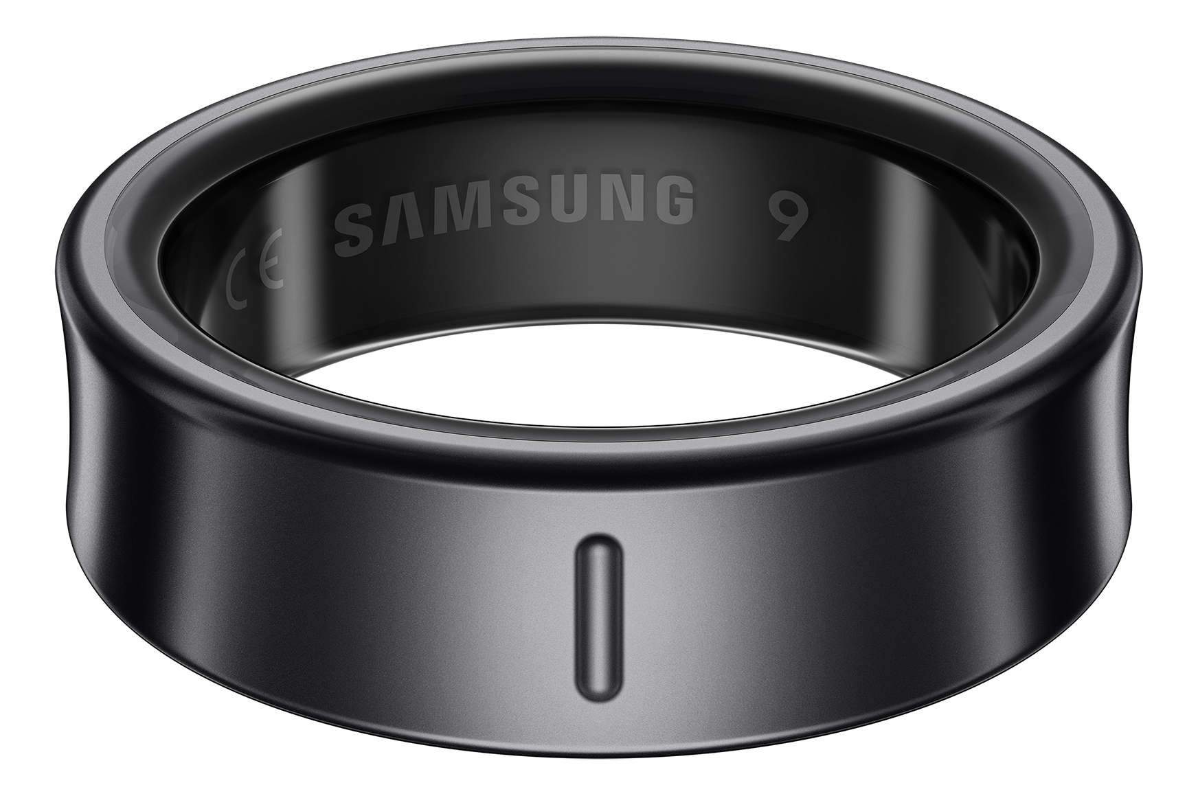Schwarzer Samsung-Ring mit vertikaler Linie und Samsung-Logo auf schwarzem Hintergrund.