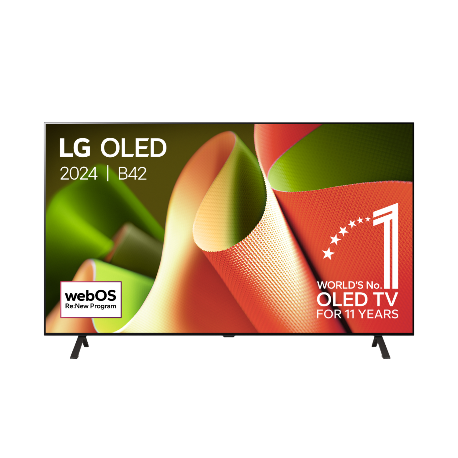 Een LG OLED 2024 B42 TV toont een kleurrijke, abstracte afbeelding met de tekst 'World's No. 1 OLED TV'.