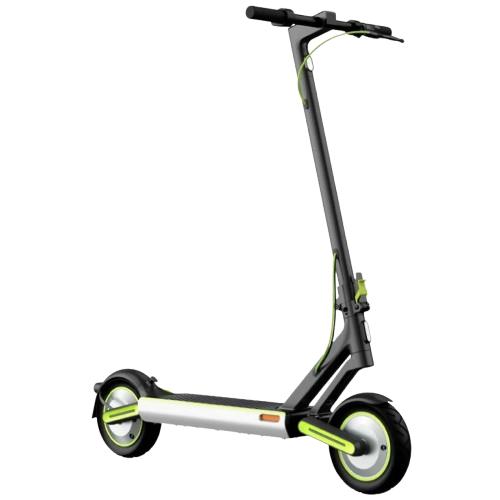 Schwarzer und grüner Elektroroller. Er hat einen langen Stiel und eine Fußplattform.