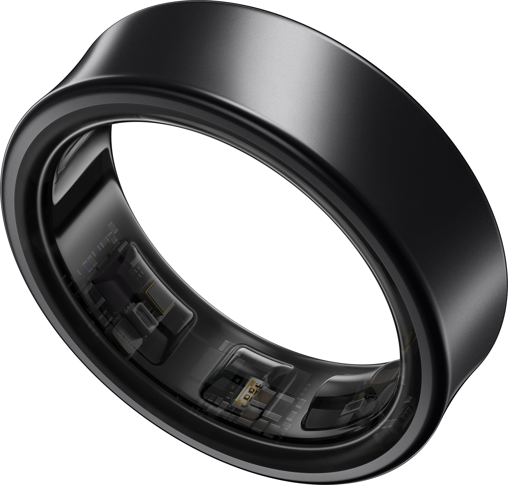 Schwarzer Ring mit sichtbaren inneren Komponenten. Der Ring ist glatt und gebogen, mit modernem Design.
