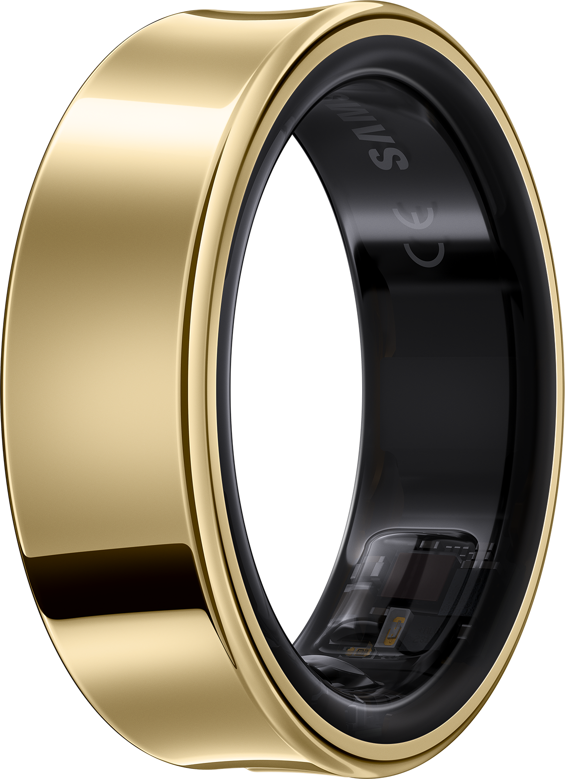 Goldener Ring mit schwarzer Innenseite und sichtbaren elektronischen Komponenten.