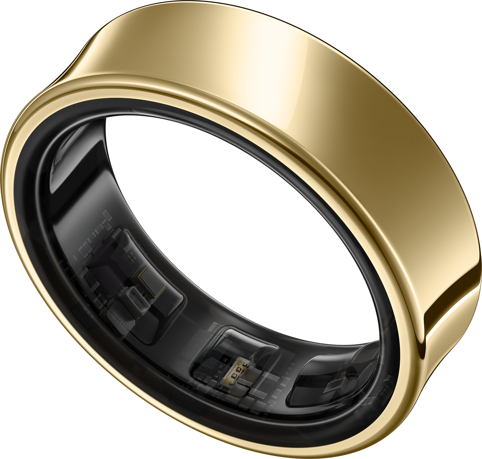 Goldener Ring mit sichtbarer Elektronik im Inneren auf dunklem Hintergrund.