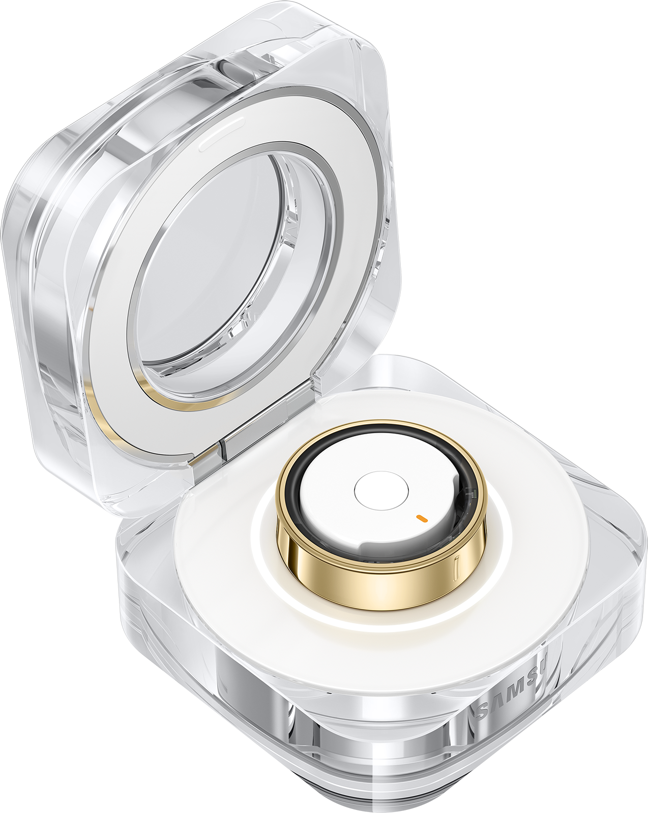 Ein transparenter Ladekoffer mit goldenem Ring und weißem Ohrhörer.