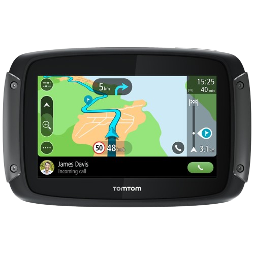Schwarzes TomTom GPS-Gerät. Zeigt Karte mit Route und Navigationsdetails.