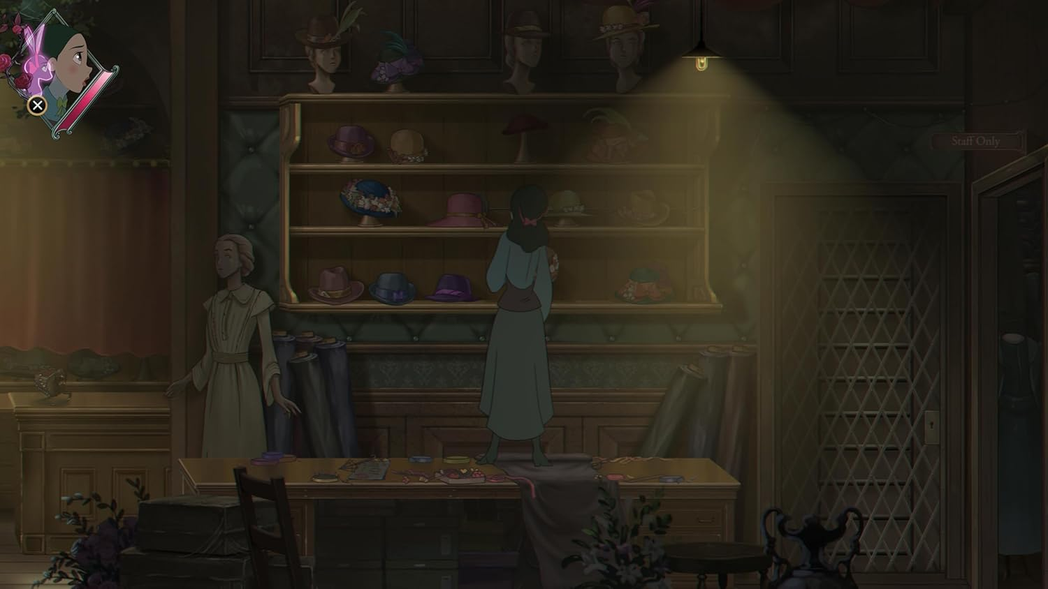 Una escena animada del interior de una sombrerería, con una mujer y sombreros.
